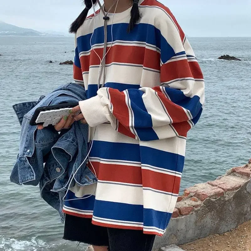 Women T Shirts Woman Clothing Y2k Sweatshirt 2026 Four Seasons Fashion Long Sleeves Tee Loose Couple Graphic Stripe T-Shirt Tops