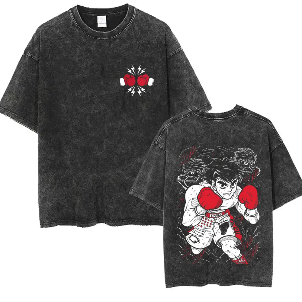 Anime Hajime No Ippo Kamogawa Boxing Gym Vintage Washed T-shirt Makunouchi Takamura KGB T Shirts Men Manga Oversized T-shirts