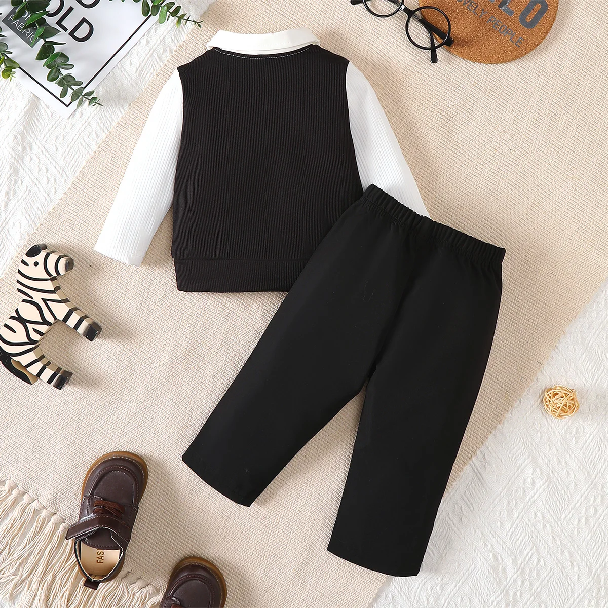 2Pcs Boy Baby Set Lapel Collar Color Blocked Top and Pants Fashion Set for 0-3 Year Boy Baby Spring Autumn Little Gentleman Set