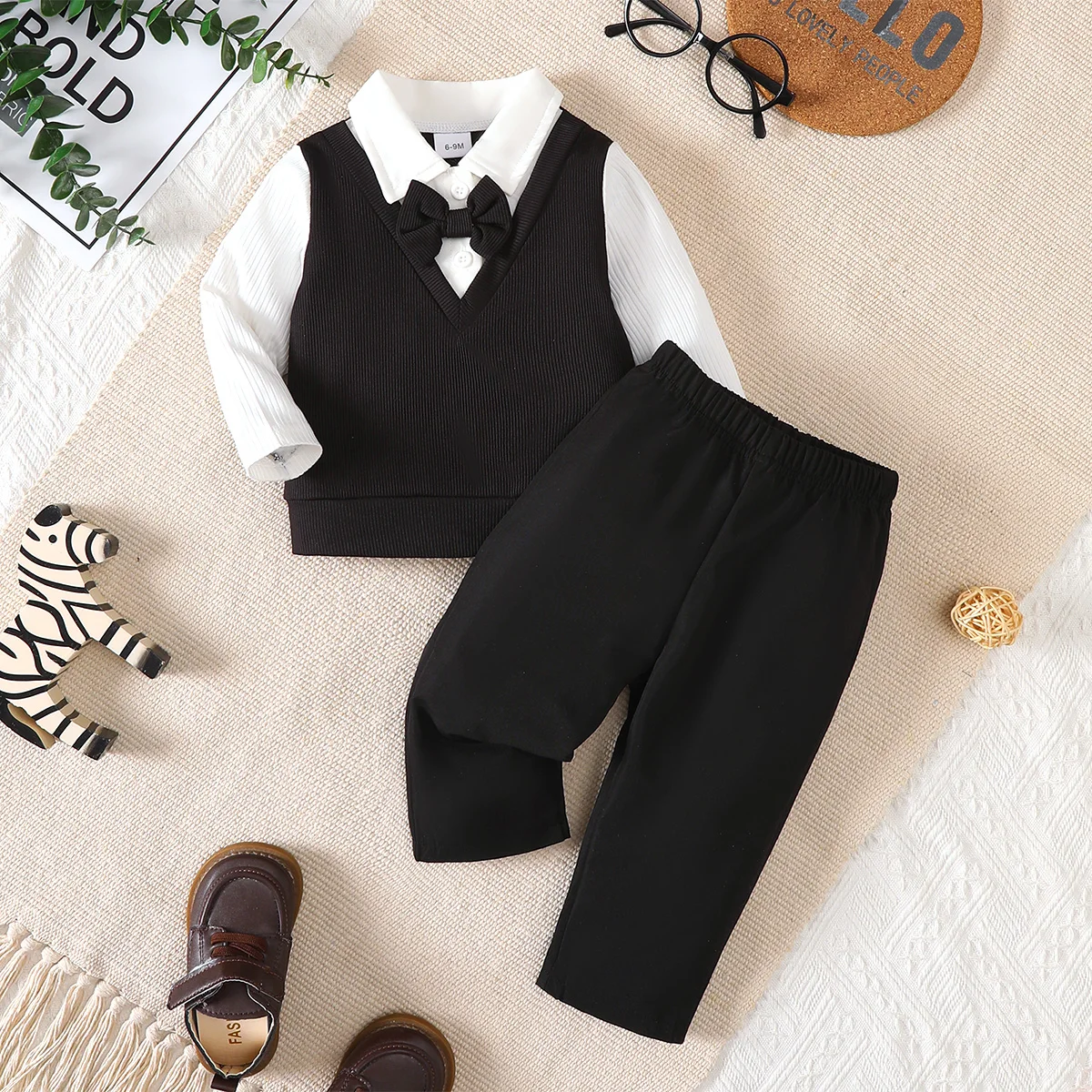2Pcs Boy Baby Set Lapel Collar Color Blocked Top and Pants Fashion Set for 0-3 Year Boy Baby Spring Autumn Little Gentleman Set