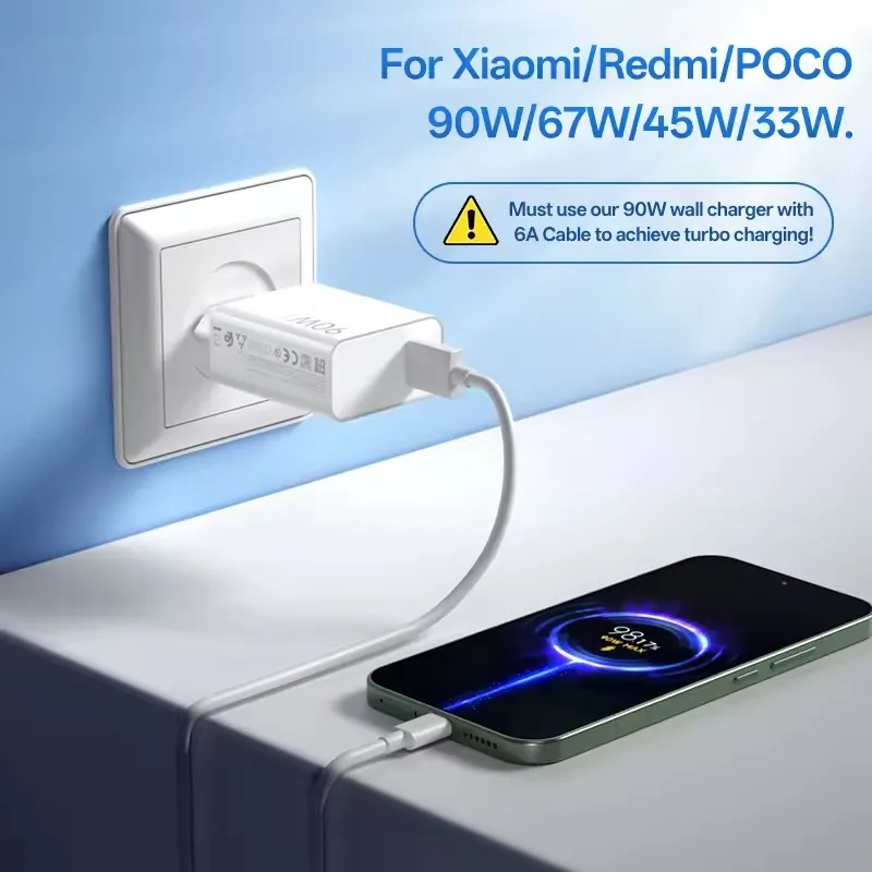 90W 6A Turbo Fast Wall Charger for Xiaomi 11 12 Lite 13T 14 Ultra Redmi Note 11T 12T 13 15Pro POCO F4 X5 USB Type C Charge Cable