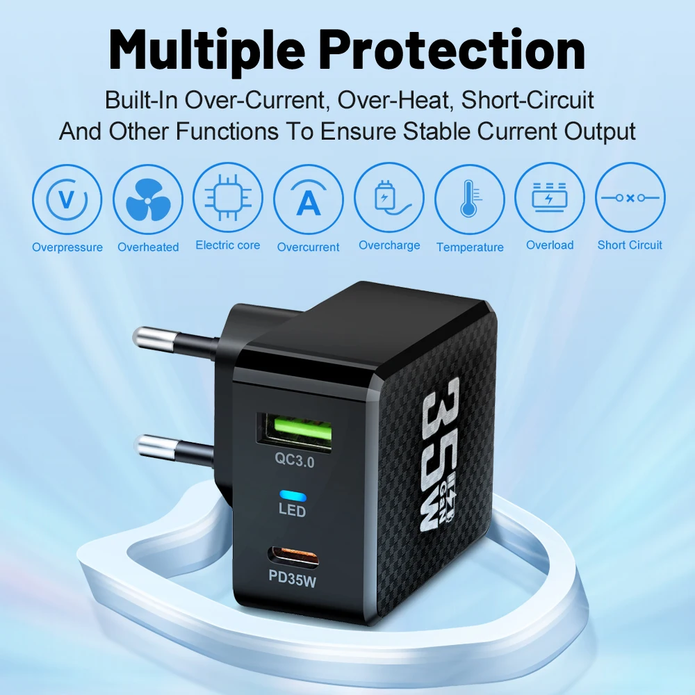 35W GaN USB Fast Charging Type C Charger Quick Charge Mobile Phone Power Adapter For iPhone 15 Xiaomi Samsung Portable Chargers