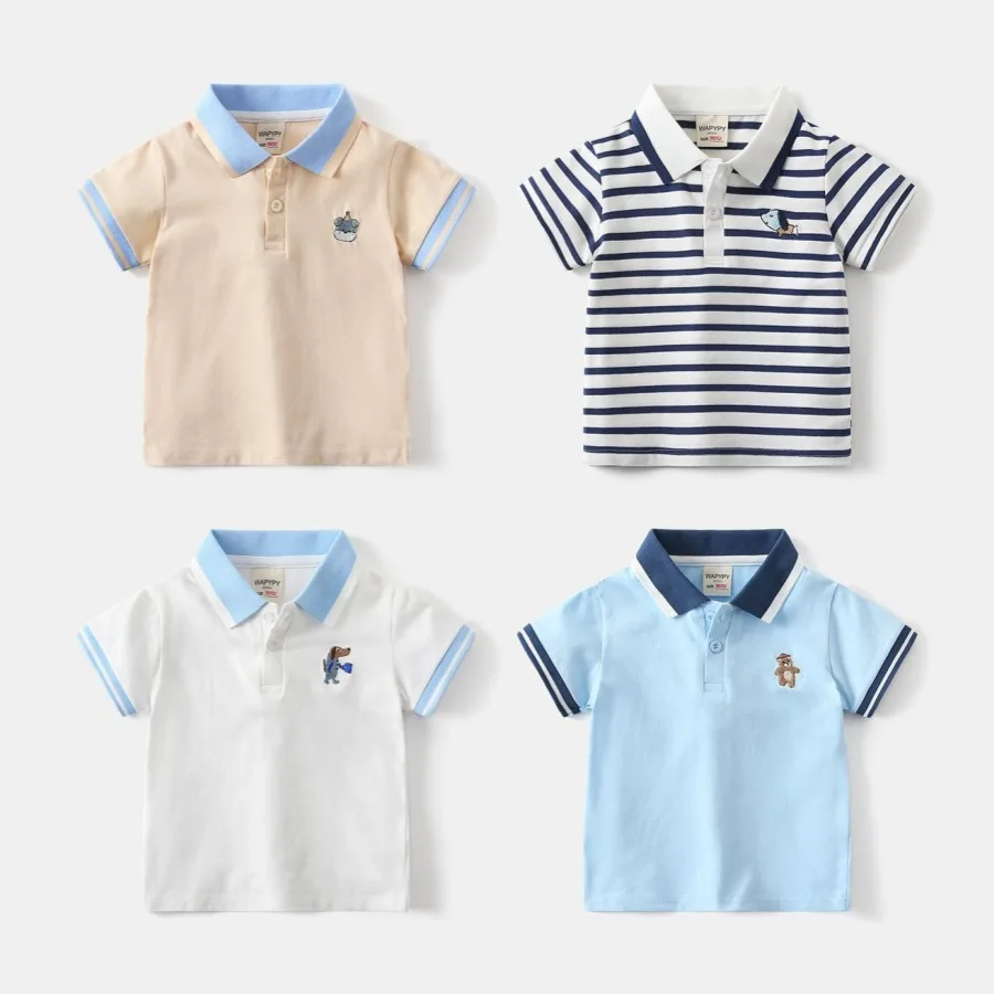 Kids 2-6Y Comfortable Cotton Casual Boys Tops Childrens Summer Short Sleeve Polo Shirts 4 Styles Handsome Cartoon Embroidery