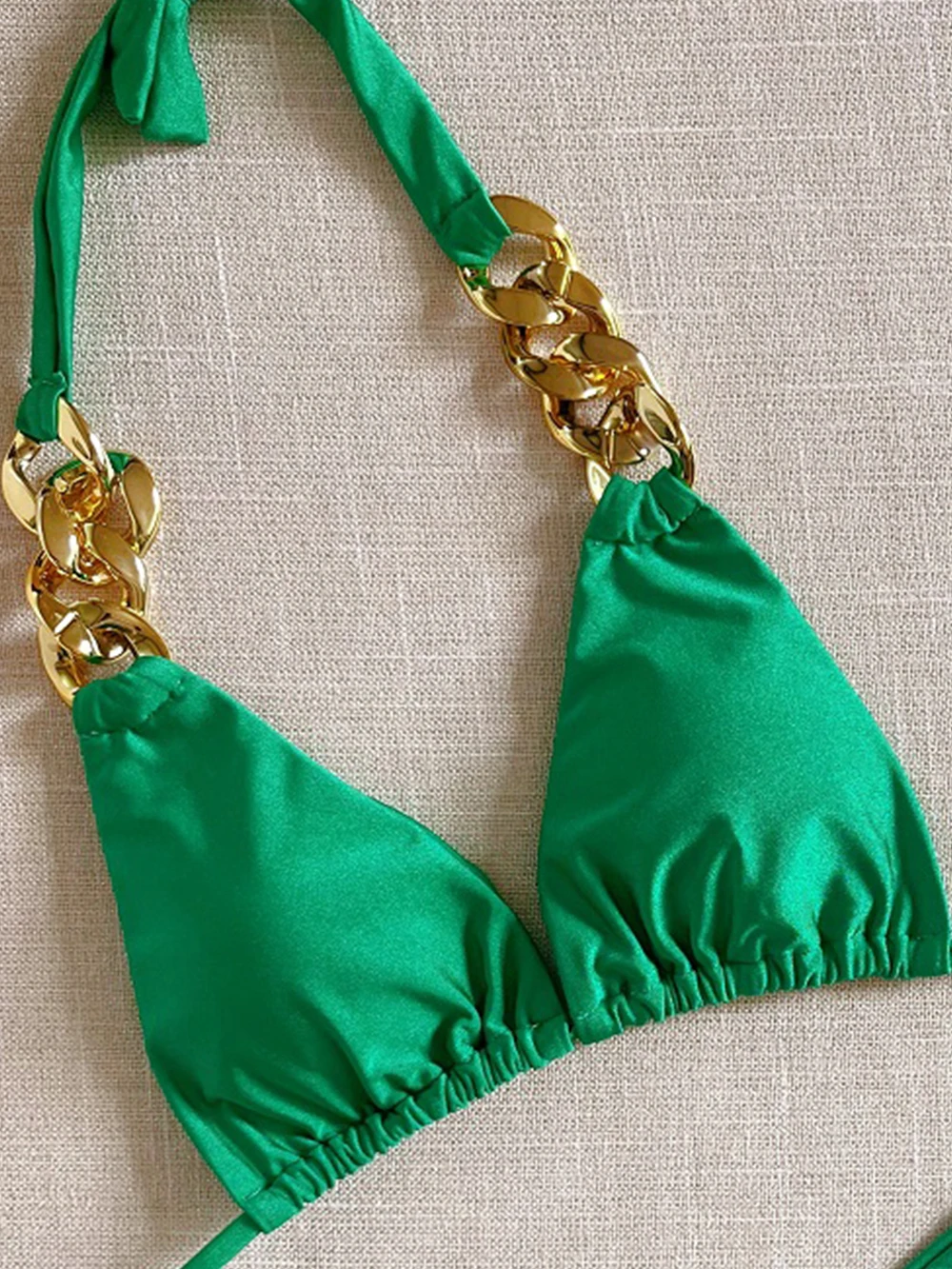 2026 New Sexy Triangle Swimsuit Solid Color Chain Decoration Split Bikini Set Beachwear Brazilian Swimwear Bathing Suit