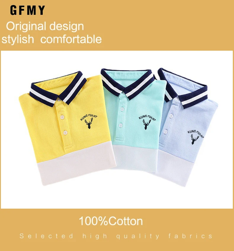 Boys Long Sleeve Polo Shirt Kids Contrast Color Collar Tops Children Casual Deer Embroidery Blue Yellow T Shirts for 3-14 Years