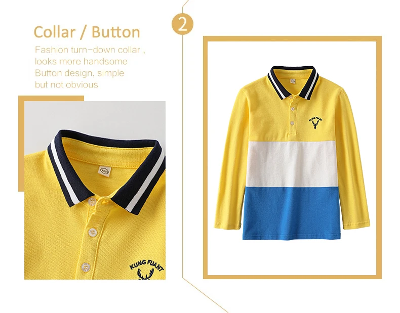 Boys Long Sleeve Polo Shirt Kids Contrast Color Collar Tops Children Casual Deer Embroidery Blue Yellow T Shirts for 3-14 Years