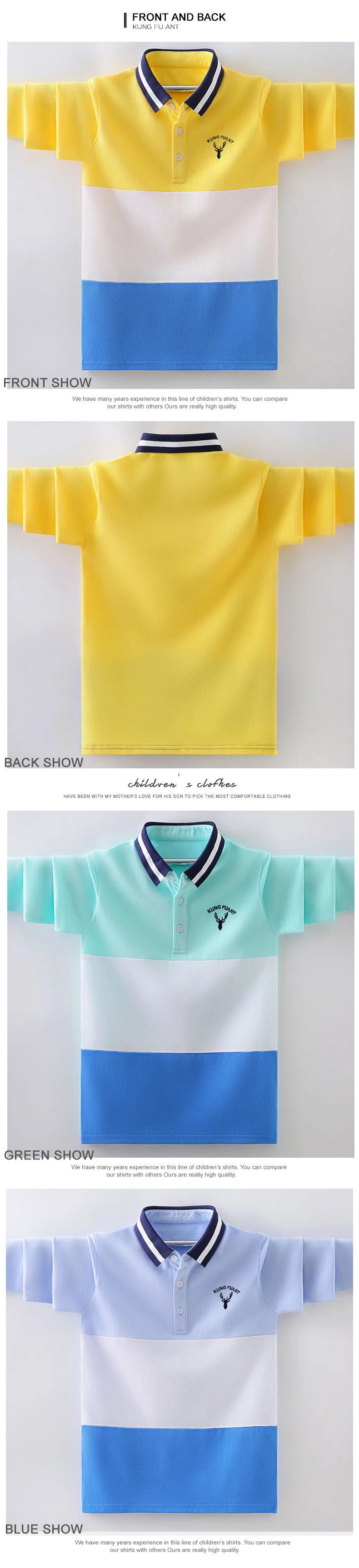 Boys Long Sleeve Polo Shirt Kids Contrast Color Collar Tops Children Casual Deer Embroidery Blue Yellow T Shirts for 3-14 Years