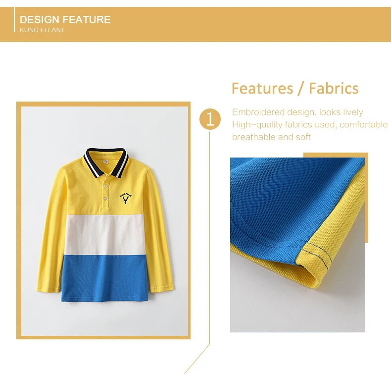 Boys Long Sleeve Polo Shirt Kids Contrast Color Collar Tops Children Casual Deer Embroidery Blue Yellow T Shirts for 3-14 Years