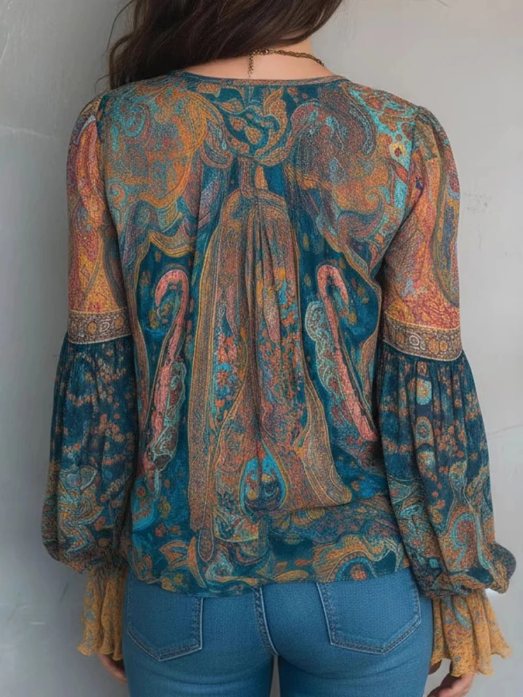 Ethnic Women Vintage Bohemian Tops Ruffled Long Sleeve V-Neck Casual Blouse Shirts Fashion Paisley Printed Boho Beach T-Shirts