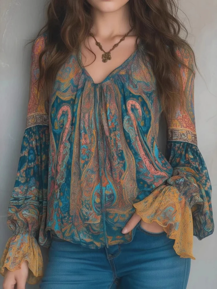 Ethnic Women Vintage Bohemian Tops Ruffled Long Sleeve V-Neck Casual Blouse Shirts Fashion Paisley Printed Boho Beach T-Shirts