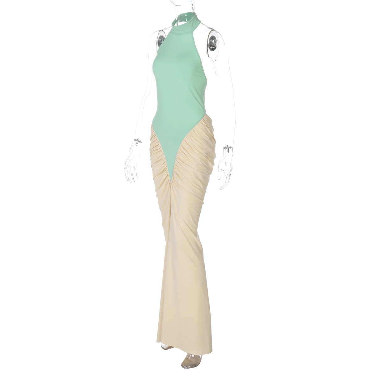 Hugcitar Women Fashion Halter Backless Patchwork Ruched Sexy Bodycon Maxi Dress Summer New Trend Clothes Beach Vacation Party
