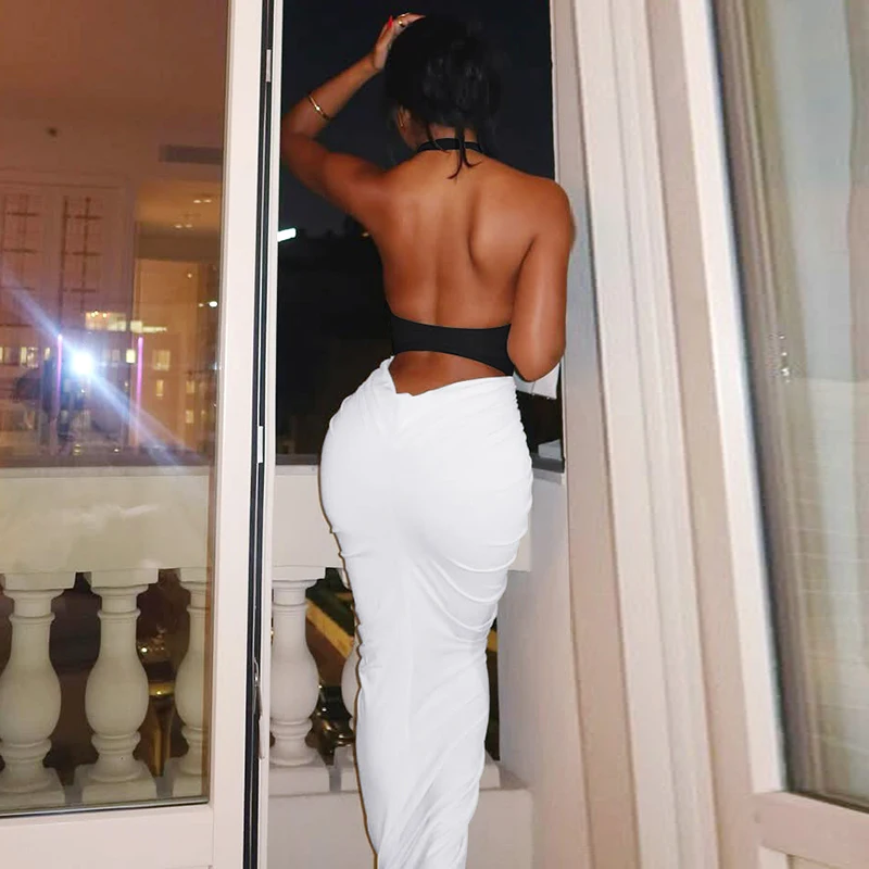 Hugcitar Women Fashion Halter Backless Patchwork Ruched Sexy Bodycon Maxi Dress Summer New Trend Clothes Beach Vacation Party