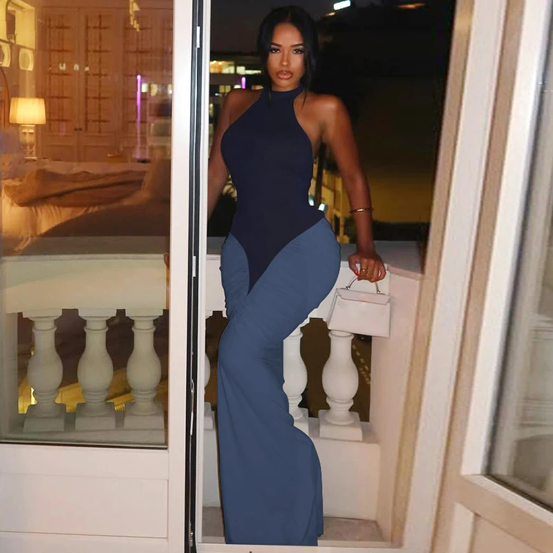 Hugcitar Women Fashion Halter Backless Patchwork Ruched Sexy Bodycon Maxi Dress Summer New Trend Clothes Beach Vacation Party