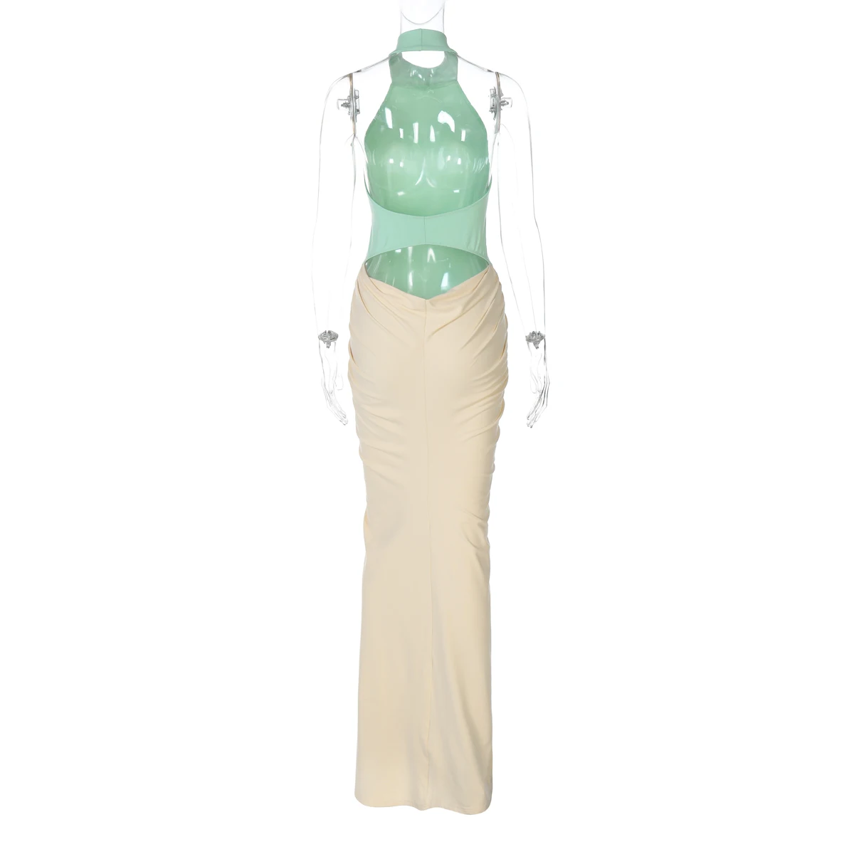 Hugcitar Women Fashion Halter Backless Patchwork Ruched Sexy Bodycon Maxi Dress Summer New Trend Clothes Beach Vacation Party