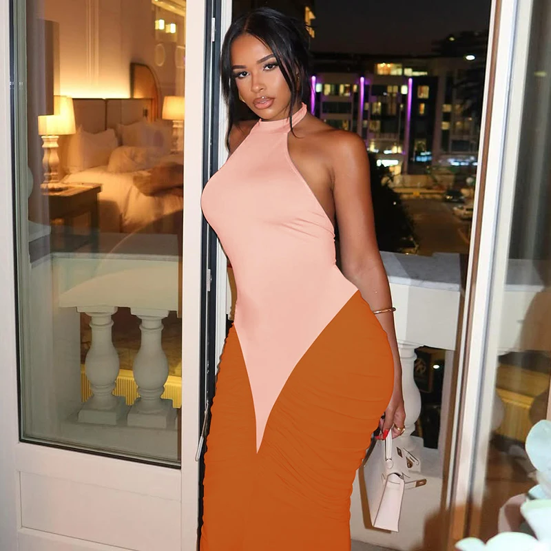 Hugcitar Women Fashion Halter Backless Patchwork Ruched Sexy Bodycon Maxi Dress Summer New Trend Clothes Beach Vacation Party