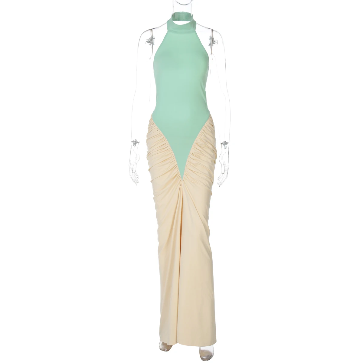 Hugcitar Women Fashion Halter Backless Patchwork Ruched Sexy Bodycon Maxi Dress Summer New Trend Clothes Beach Vacation Party