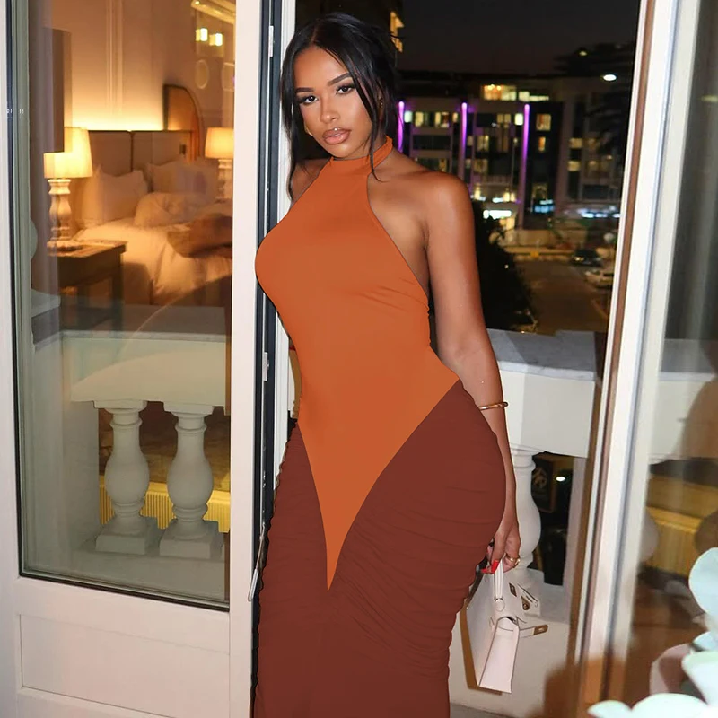 Hugcitar Women Fashion Halter Backless Patchwork Ruched Sexy Bodycon Maxi Dress Summer New Trend Clothes Beach Vacation Party
