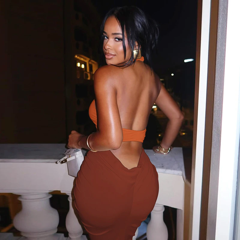 Hugcitar Women Fashion Halter Backless Patchwork Ruched Sexy Bodycon Maxi Dress Summer New Trend Clothes Beach Vacation Party