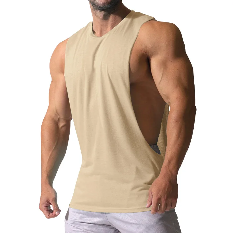 Summer Men's Wide Shoulder Vest Solid Color Sports Side Large Split Loose Vest Sleeveless Vest