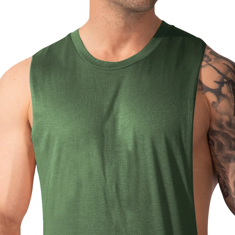 Summer Men's Wide Shoulder Vest Solid Color Sports Side Large Split Loose Vest Sleeveless Vest