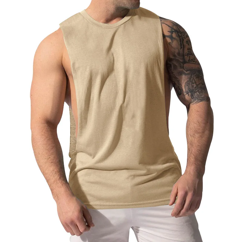 Summer Men's Wide Shoulder Vest Solid Color Sports Side Large Split Loose Vest Sleeveless Vest