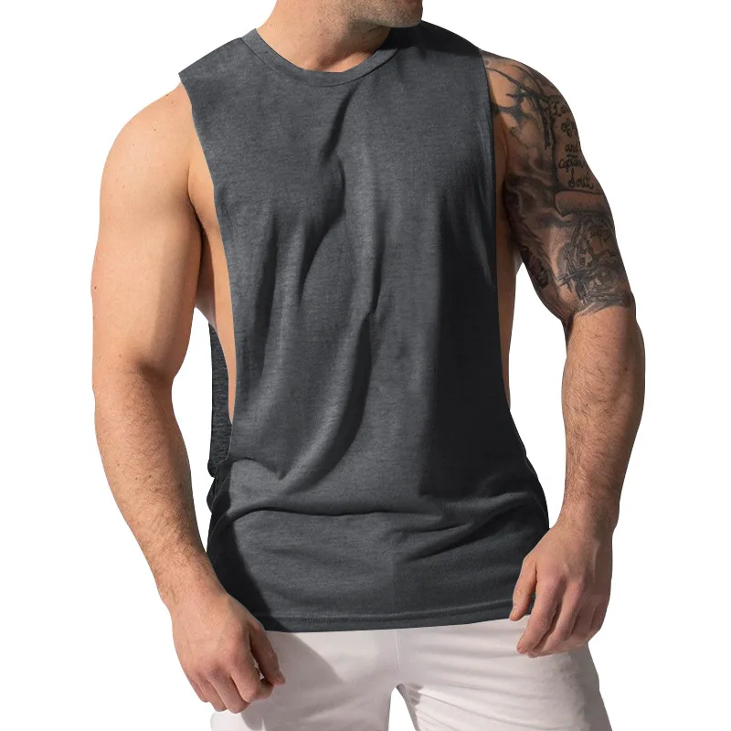 Summer Men's Wide Shoulder Vest Solid Color Sports Side Large Split Loose Vest Sleeveless Vest