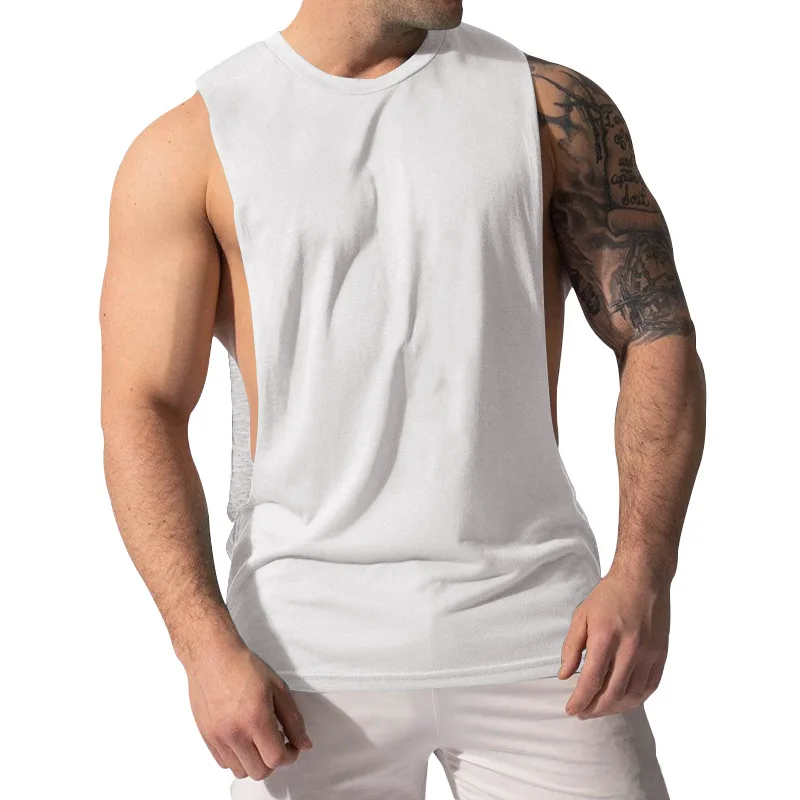 Summer Men's Wide Shoulder Vest Solid Color Sports Side Large Split Loose Vest Sleeveless Vest