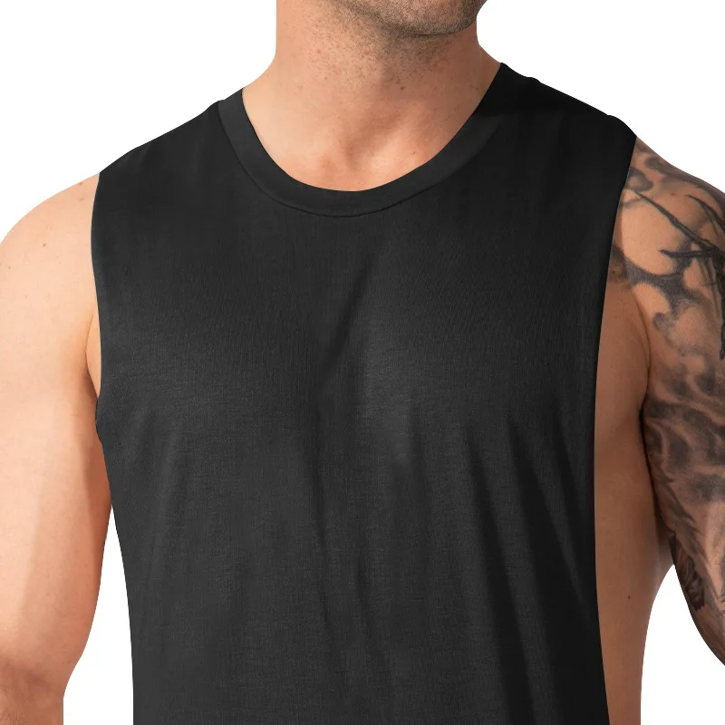 Summer Men's Wide Shoulder Vest Solid Color Sports Side Large Split Loose Vest Sleeveless Vest