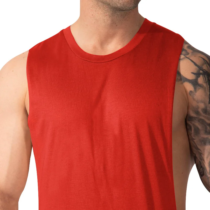 Summer Men's Wide Shoulder Vest Solid Color Sports Side Large Split Loose Vest Sleeveless Vest