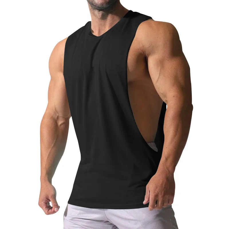 Summer Men's Wide Shoulder Vest Solid Color Sports Side Large Split Loose Vest Sleeveless Vest