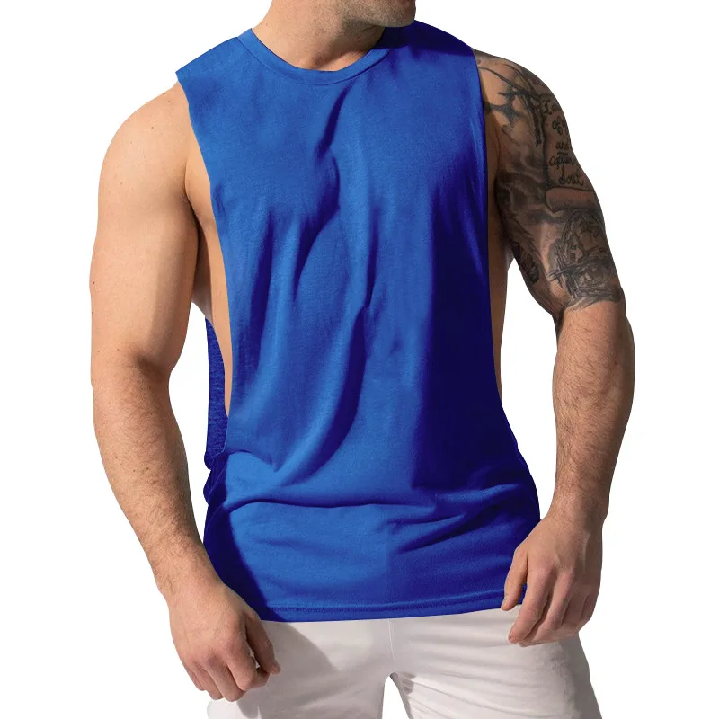 Summer Men's Wide Shoulder Vest Solid Color Sports Side Large Split Loose Vest Sleeveless Vest