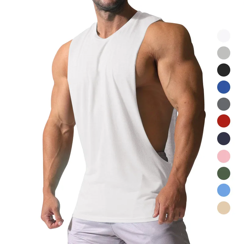 Summer Men's Wide Shoulder Vest Solid Color Sports Side Large Split Loose Vest Sleeveless Vest