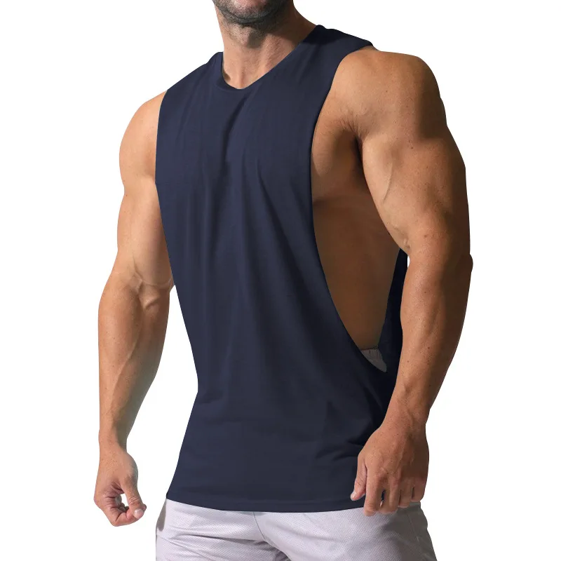 Summer Men's Wide Shoulder Vest Solid Color Sports Side Large Split Loose Vest Sleeveless Vest