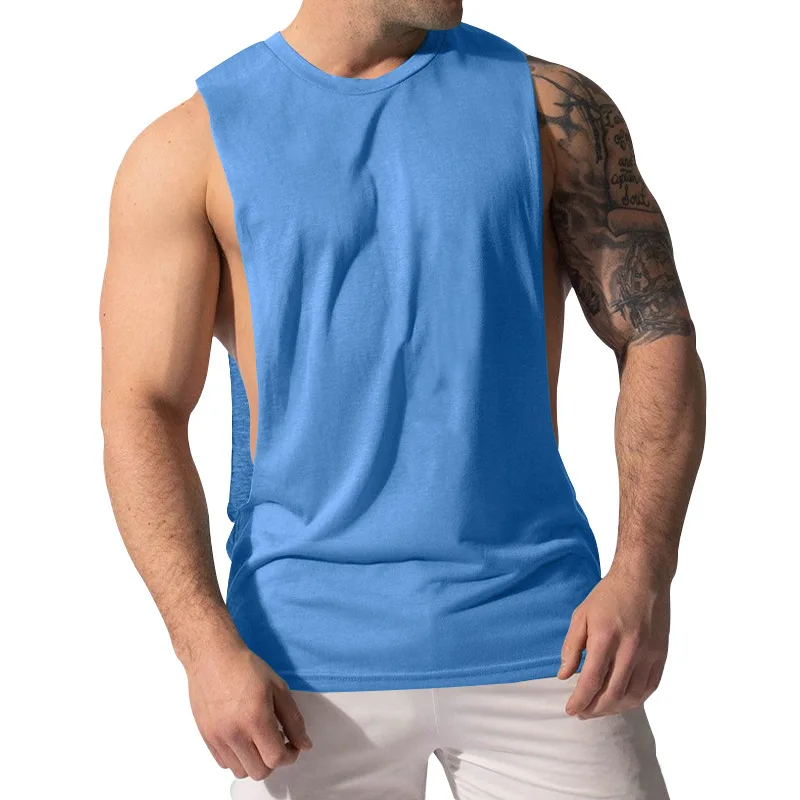 Summer Men's Wide Shoulder Vest Solid Color Sports Side Large Split Loose Vest Sleeveless Vest