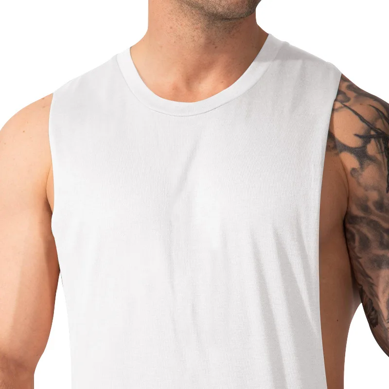 Summer Men's Wide Shoulder Vest Solid Color Sports Side Large Split Loose Vest Sleeveless Vest