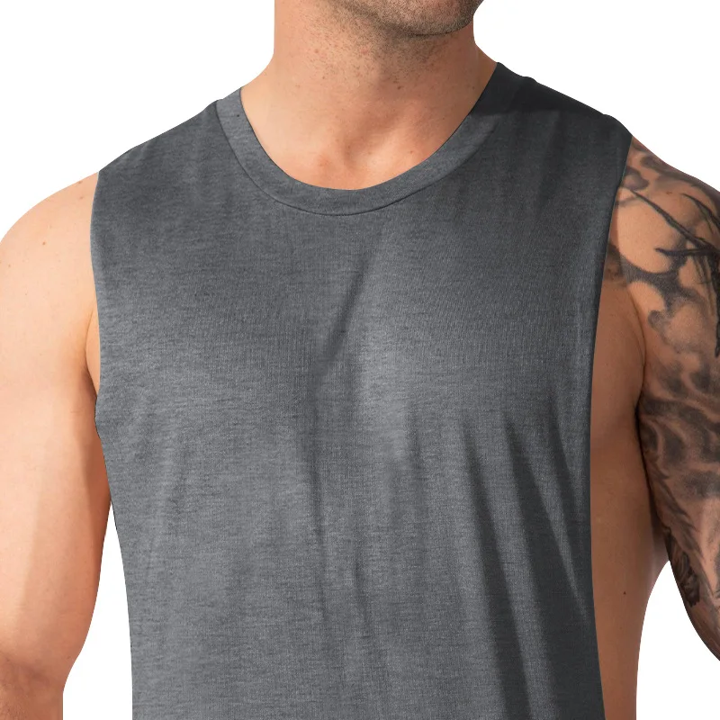 Summer Men's Wide Shoulder Vest Solid Color Sports Side Large Split Loose Vest Sleeveless Vest