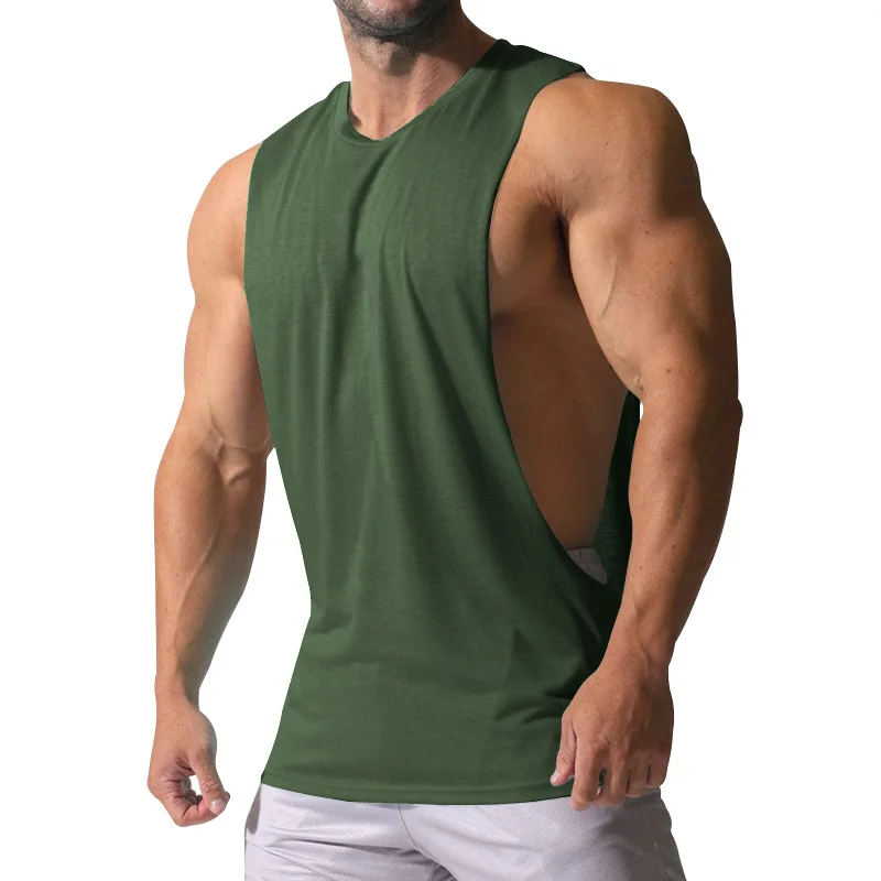 Summer Men's Wide Shoulder Vest Solid Color Sports Side Large Split Loose Vest Sleeveless Vest