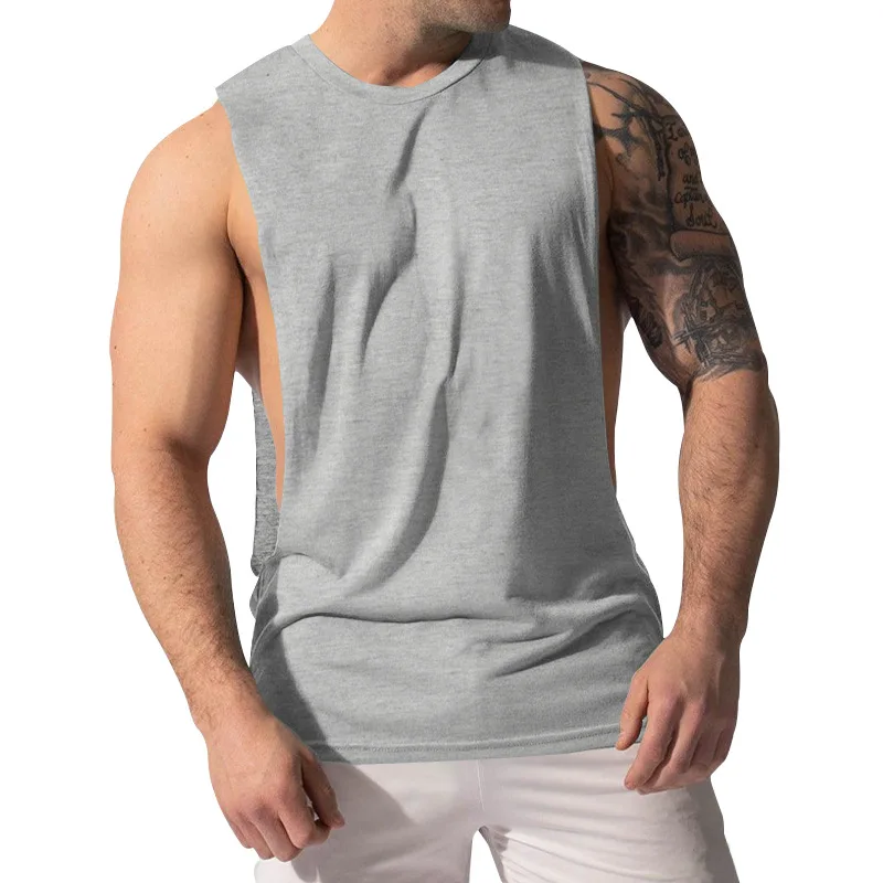Summer Men's Wide Shoulder Vest Solid Color Sports Side Large Split Loose Vest Sleeveless Vest