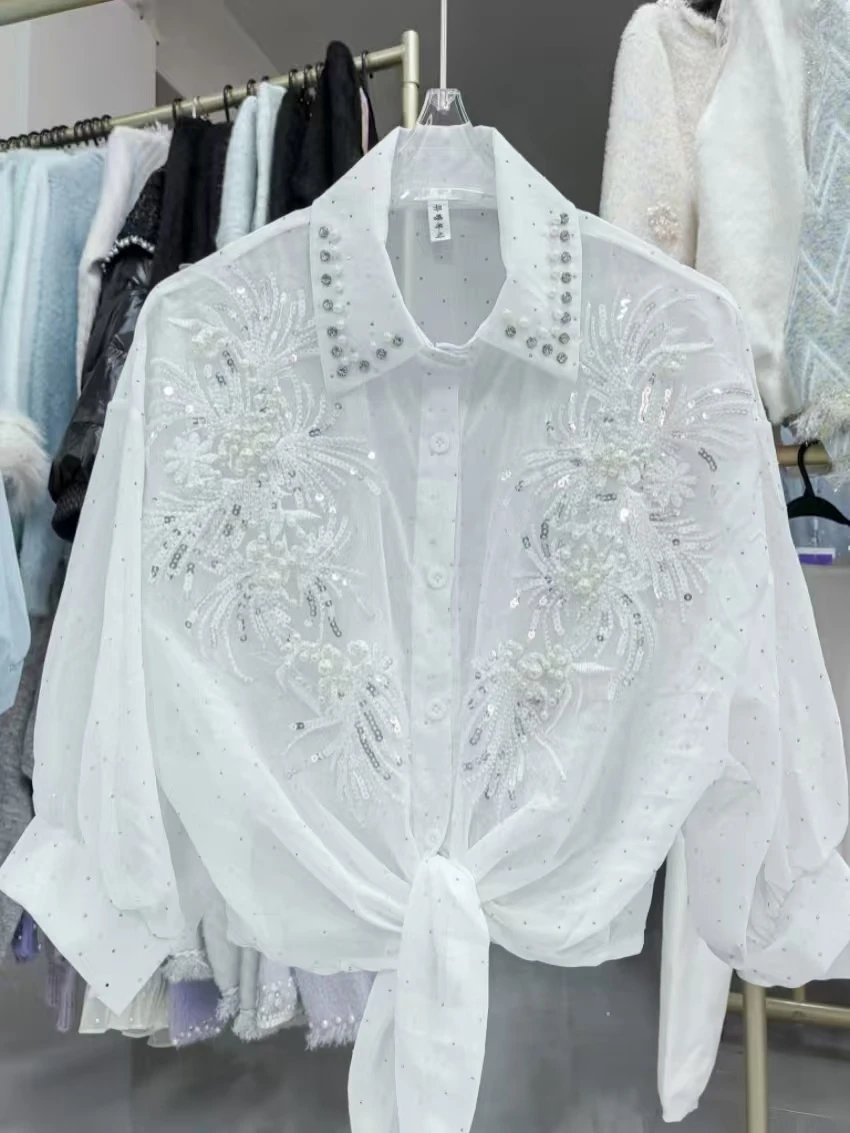 High-end Sequines Pearls Beaded Stitch Sunscreen Blouses Shirts for Women Cardigans Spring Summer Top Korean Popular Clothes