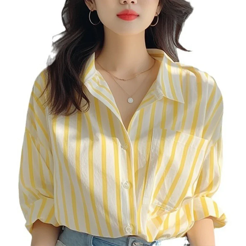 Yellow White Vertical Stripe Shirt for Women, 2026 Spring and Autumn New Style Shirt, Stylish Casual Long Sleeved Shirt