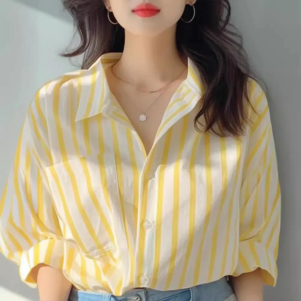 Yellow White Vertical Stripe Shirt for Women, 2026 Spring and Autumn New Style Shirt, Stylish Casual Long Sleeved Shirt