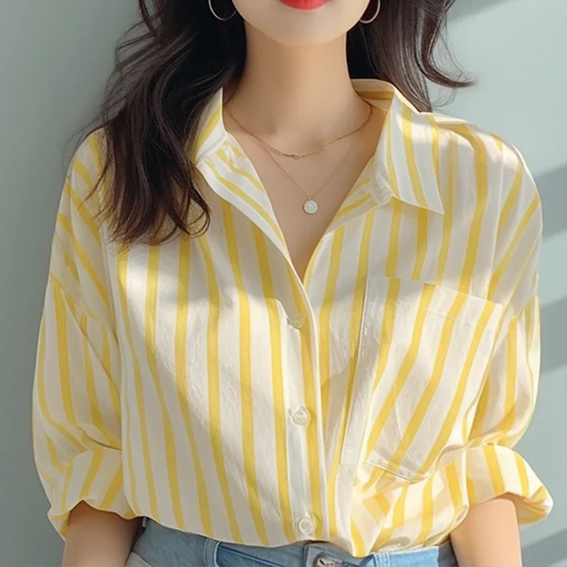 Yellow White Vertical Stripe Shirt for Women, 2026 Spring and Autumn New Style Shirt, Stylish Casual Long Sleeved Shirt