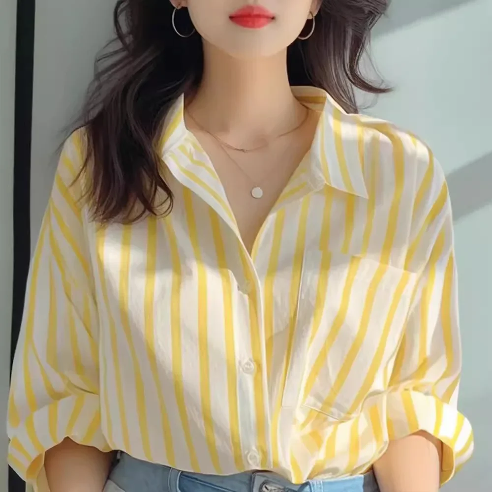 Yellow White Vertical Stripe Shirt for Women, 2026 Spring and Autumn New Style Shirt, Stylish Casual Long Sleeved Shirt