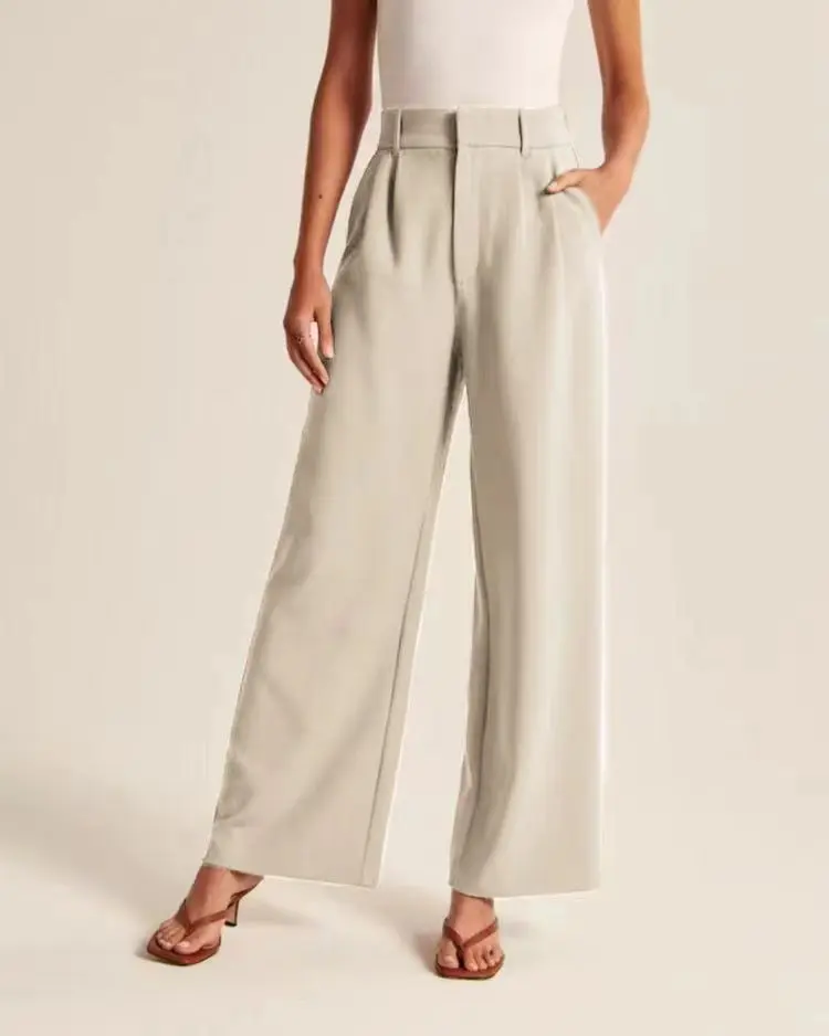Women's High-Waisted Straight-Leg Trousers Casual Office Wear Slim-Fit Cut Solid-Colour Suit Trousers