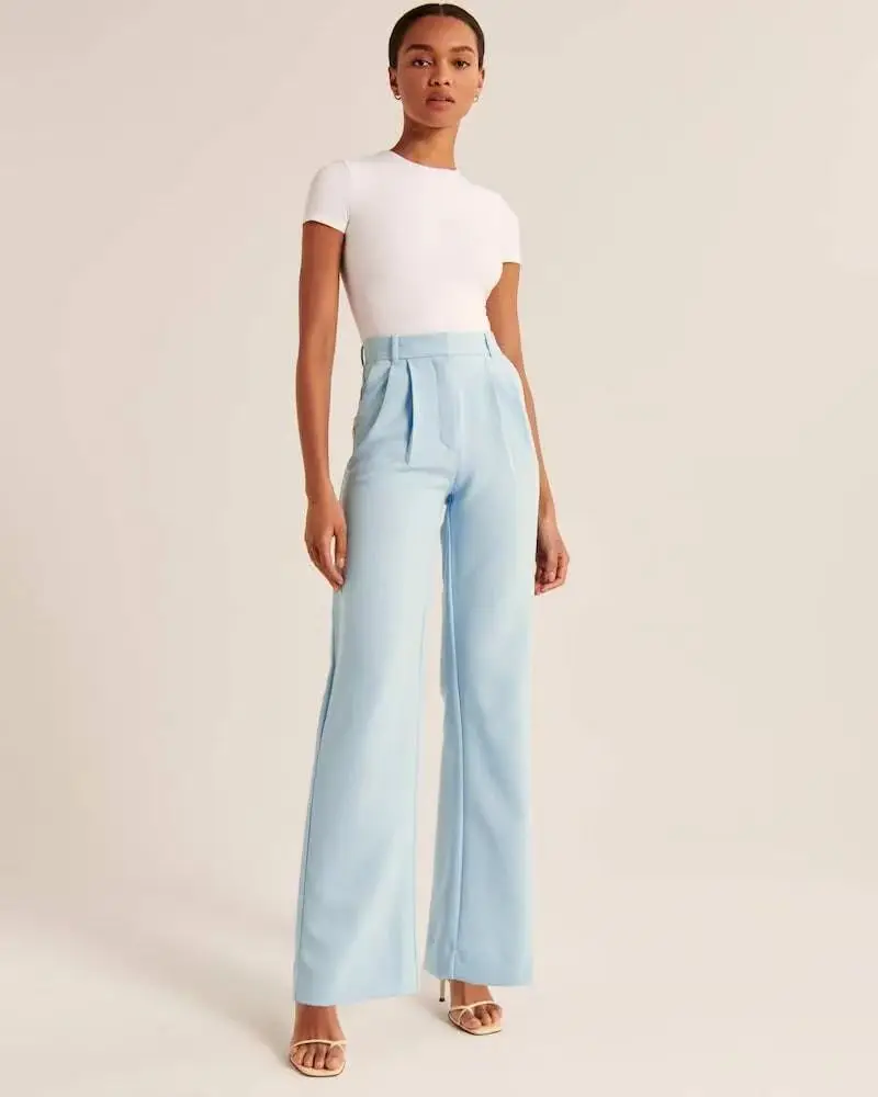 Women's High-Waisted Straight-Leg Trousers Casual Office Wear Slim-Fit Cut Solid-Colour Suit Trousers