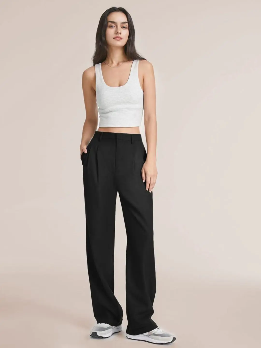 Women's High-Waisted Straight-Leg Trousers Casual Office Wear Slim-Fit Cut Solid-Colour Suit Trousers