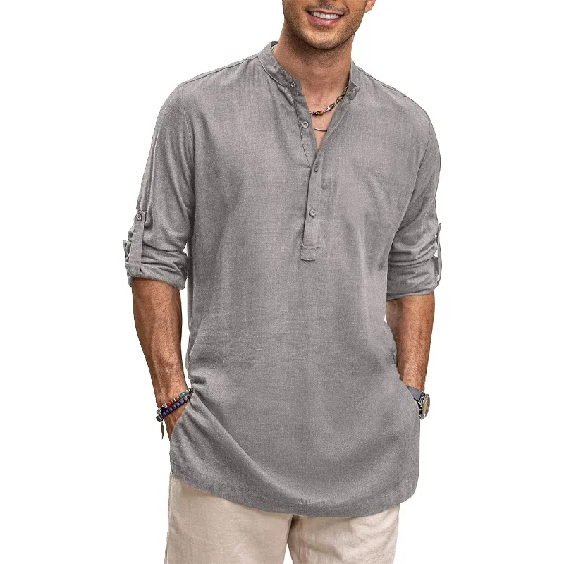 Mens New Cotton Oversized Henley Shirt Casual Lightweight Long Sleeve Tops Stylish Beach and Hawaiian Inspired Tee for Men