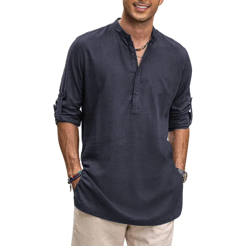 Mens New Cotton Oversized Henley Shirt Casual Lightweight Long Sleeve Tops Stylish Beach and Hawaiian Inspired Tee for Men