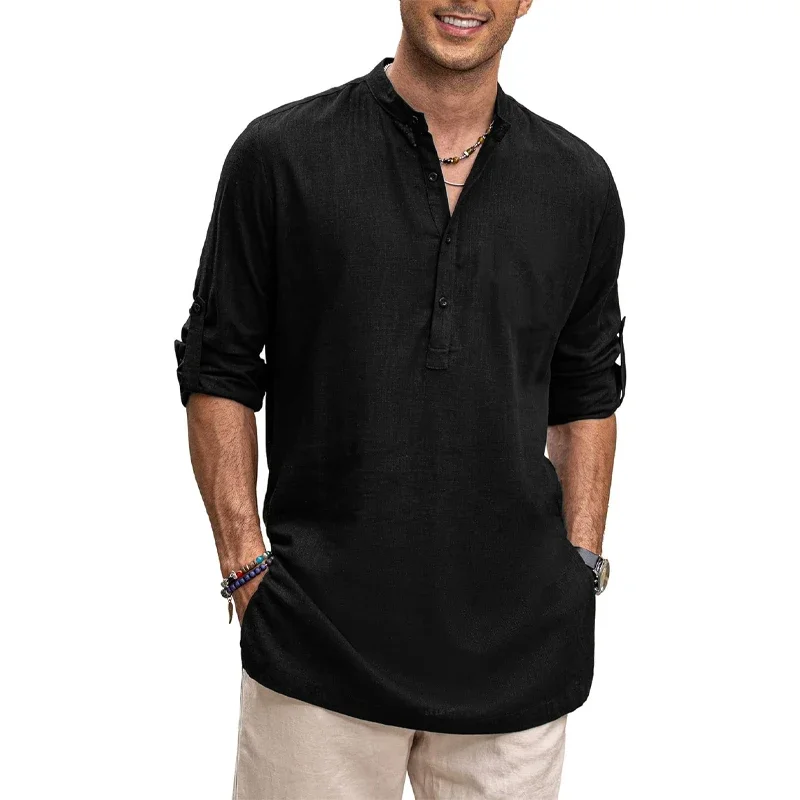 Mens New Cotton Oversized Henley Shirt Casual Lightweight Long Sleeve Tops Stylish Beach and Hawaiian Inspired Tee for Men