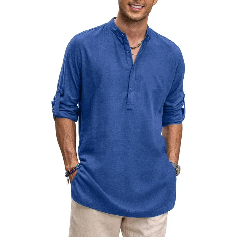 Mens New Cotton Oversized Henley Shirt Casual Lightweight Long Sleeve Tops Stylish Beach and Hawaiian Inspired Tee for Men